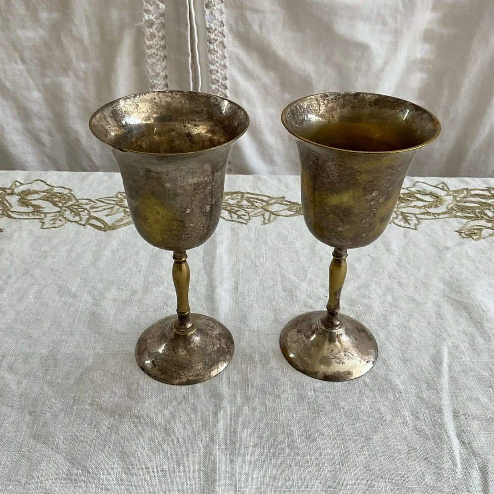 Vintage Silver Plated Brass Goblets Set of 2 Patinated Wine Chalices 7 Inch